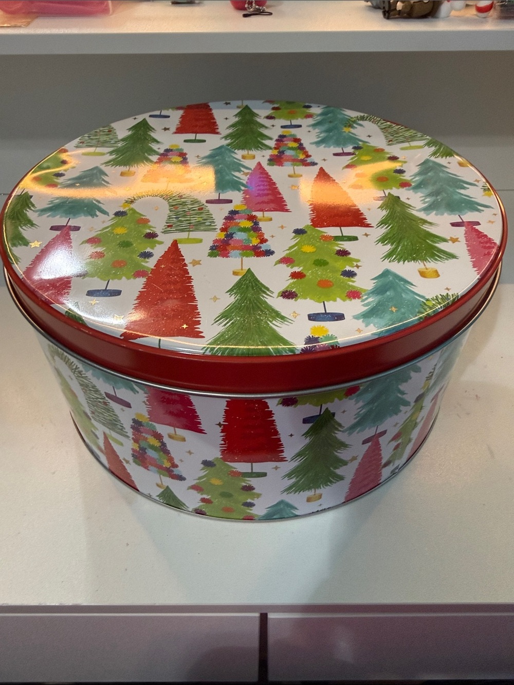 Holiday Tree Pattern Round Tin Storage Box - Red & Green